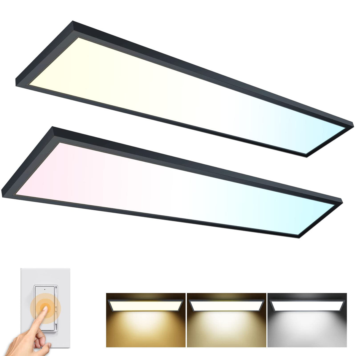AIKVSXER 2PACK 1x4 LED flat panel light front view showing bright, energy-efficient illumination