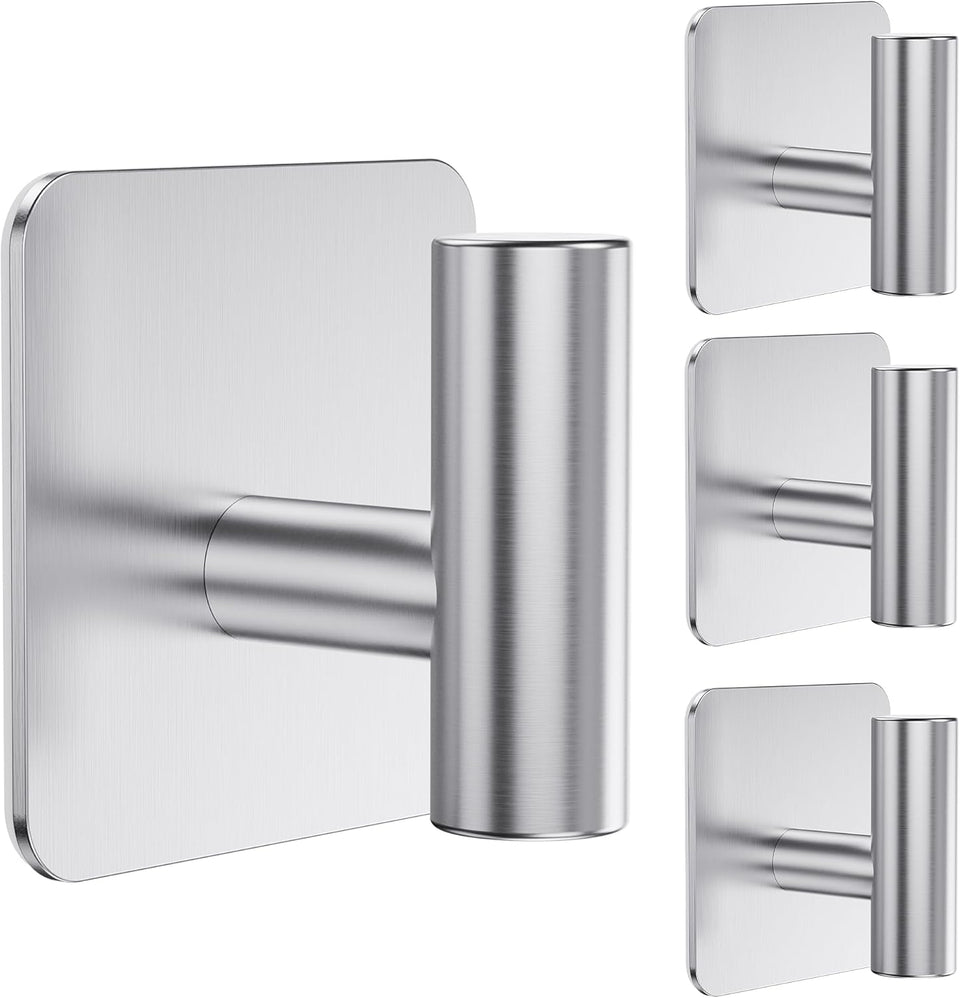 Aikzik four-pack heavy-duty wall hooks with adhesive mounts for towels and robes.