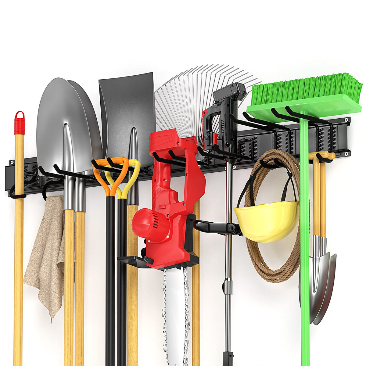 Ailadl 48-inch wall track with adjustable hooks supports multiple yard tools.