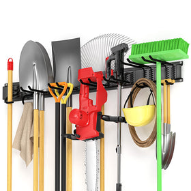 Ailadl 48-inch wall track with adjustable hooks supports multiple yard tools.