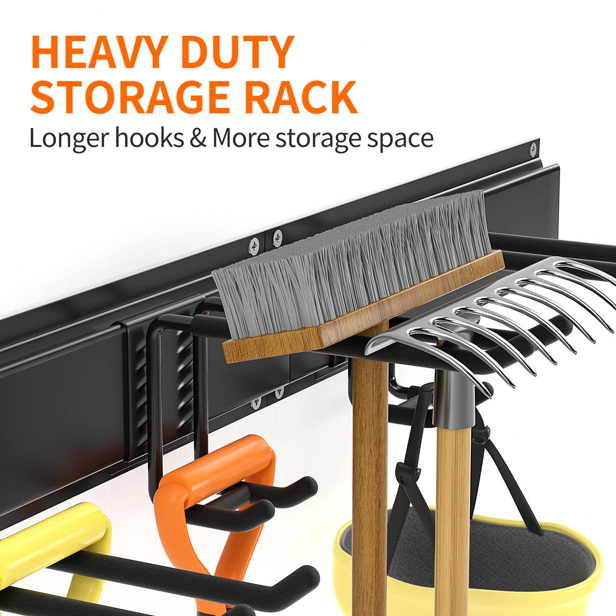 Ailadl eight hooks on the track provide flexible storage for shovels and hoses.