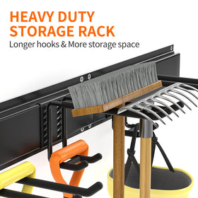 Ailadl eight hooks on the track provide flexible storage for shovels and hoses.