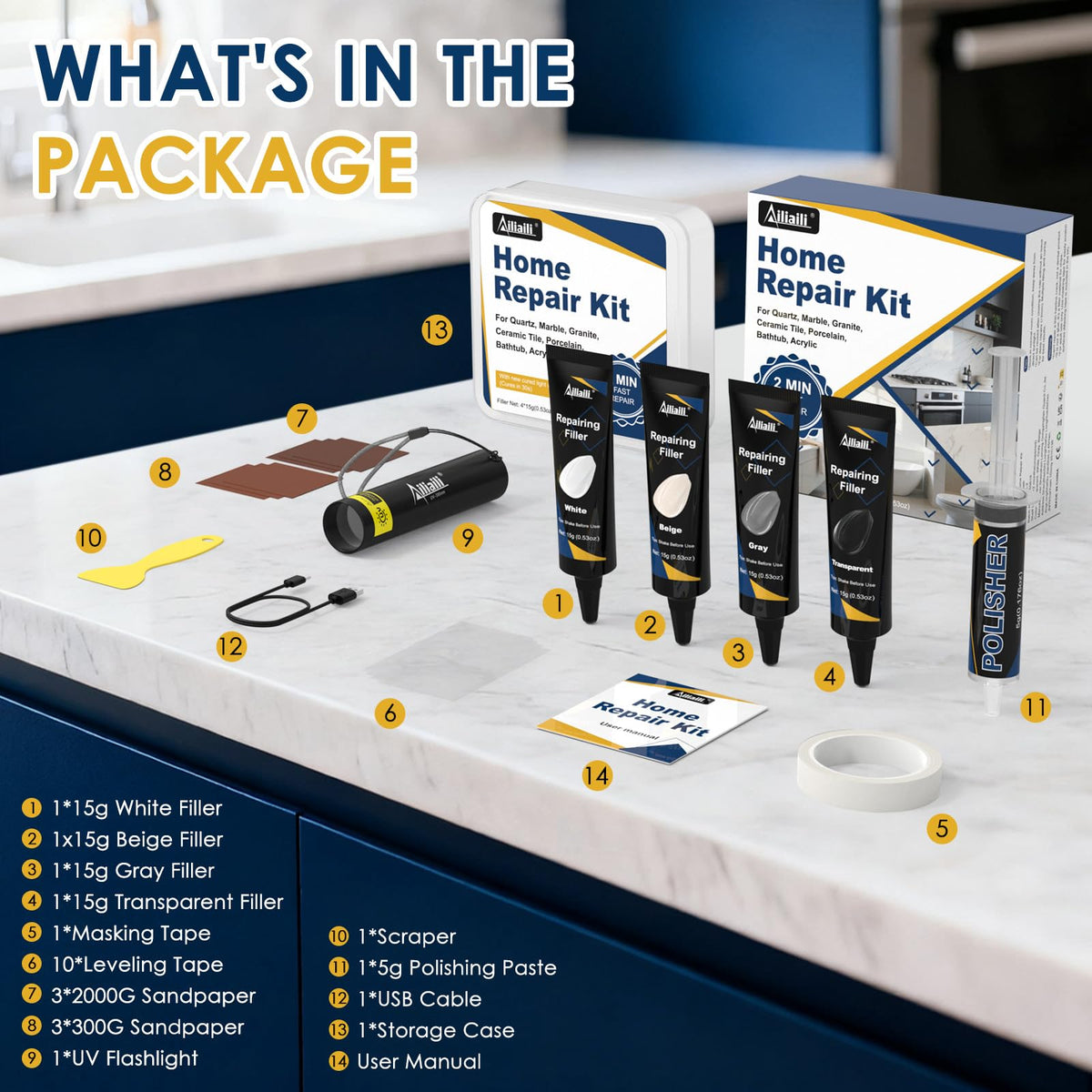 Ailiaili repair kit in action on a quartz countertop demonstrates fast, durable restoration