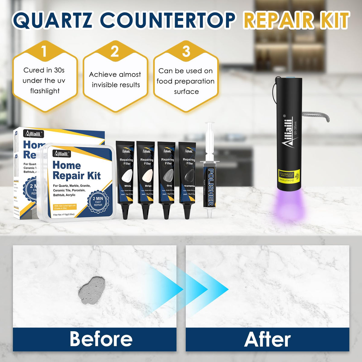 Ailiaili quartz repair kit clear filler leaves low-visibility repairs on high-gloss finishes