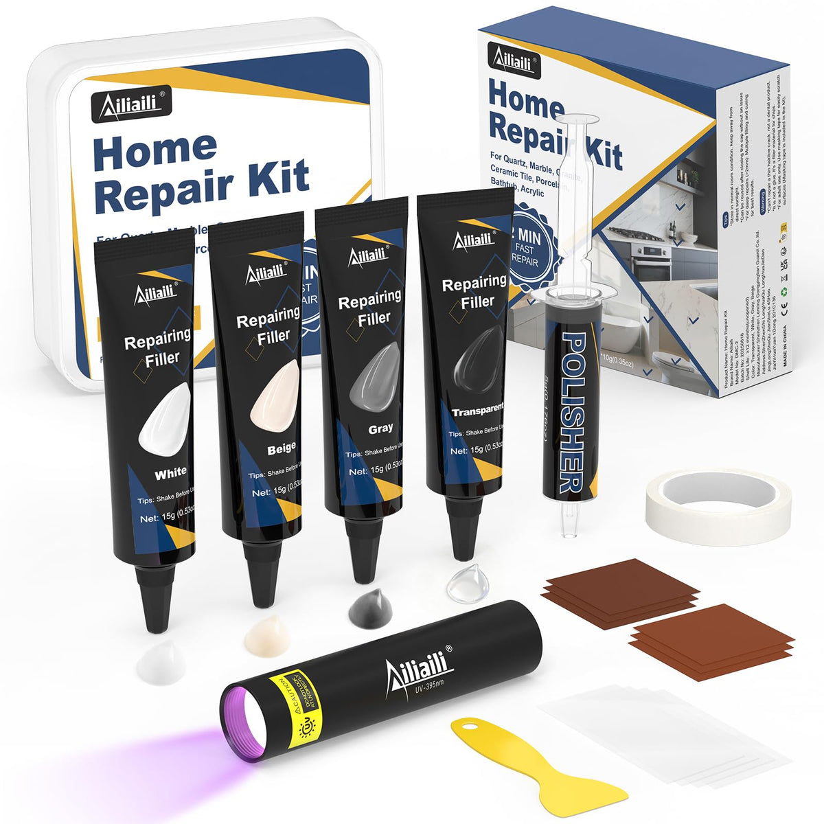 Ailiaili quartz repair kit white filler applied to countertop for seamless blending