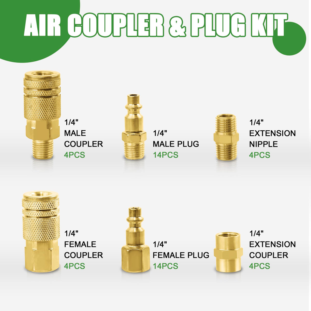 Ailbiuko air coupler kit contents layout showing multiple connectors.
