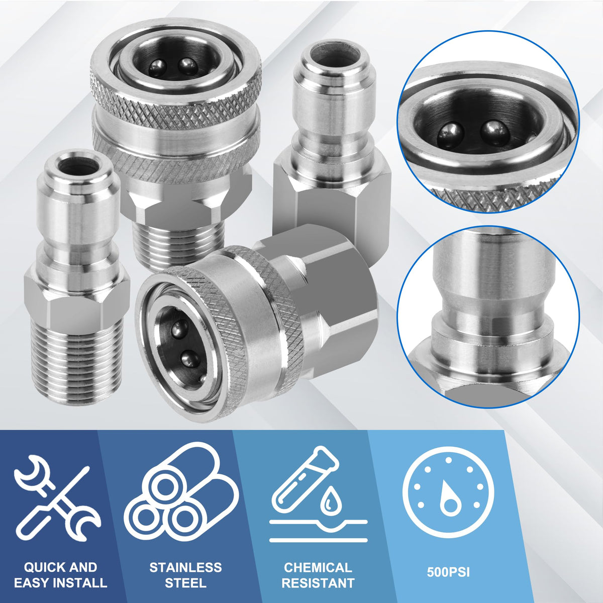 Ailbiuko stainless steel quick-connect fittings, close-up, rust-resistant and durable.