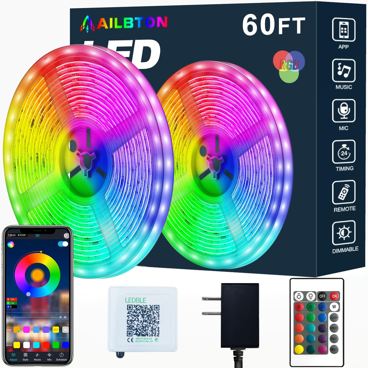 AILBTON 60ft LED strip lights deliver bright colors for cozy room ambiance.