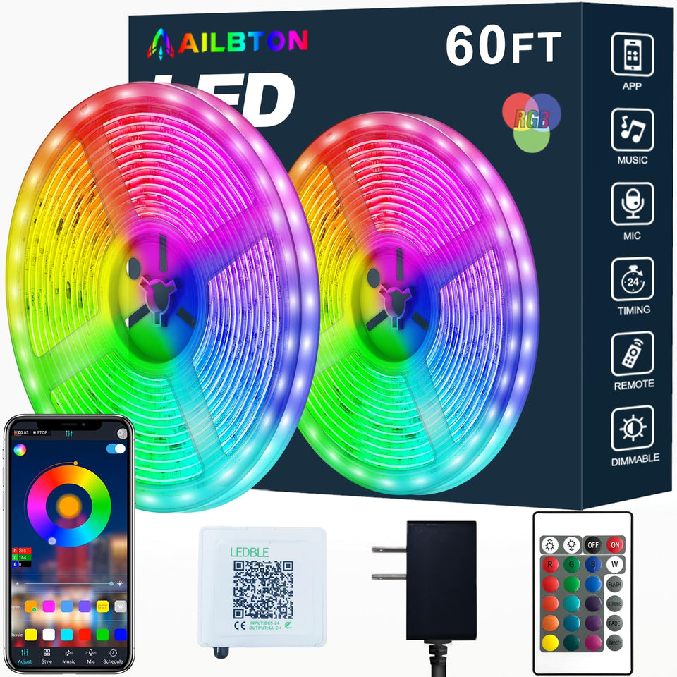 AILBTON 60ft LED strip lights deliver bright colors for cozy room ambiance.