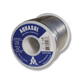 AIM lead-free plumbing solder spool close-up, ideal for brass and copper joints.