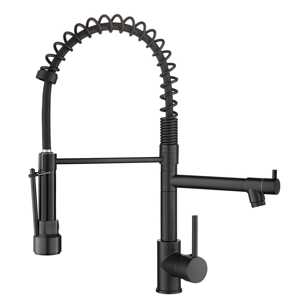 AIMADI black kitchen faucet sprayer function in use, versatile water control.