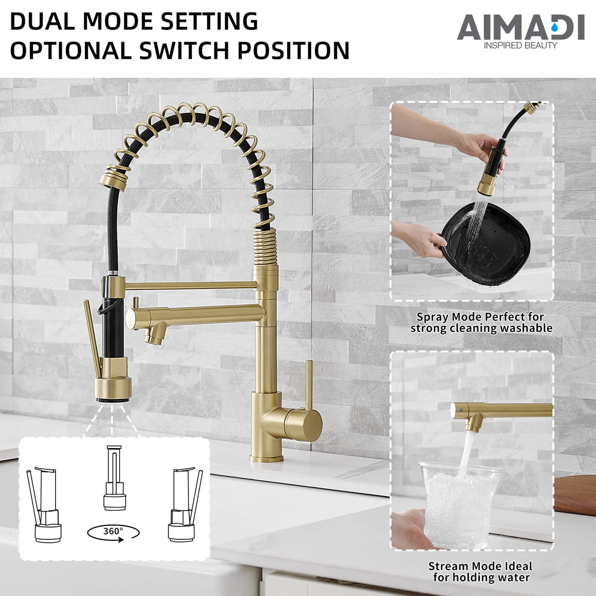 AIMADI gold faucet with lockable spray mode for hands-free washing