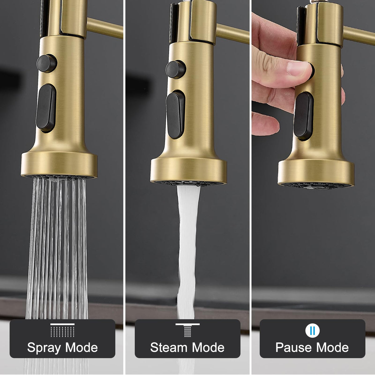 AIMADI brushed gold kitchen faucet shows 360-degree rotation for flexible reach