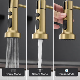 AIMADI brushed gold kitchen faucet shows 360-degree rotation for flexible reach
