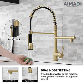 AIMADI brushed gold faucet showing dual nozzles for spray and stream