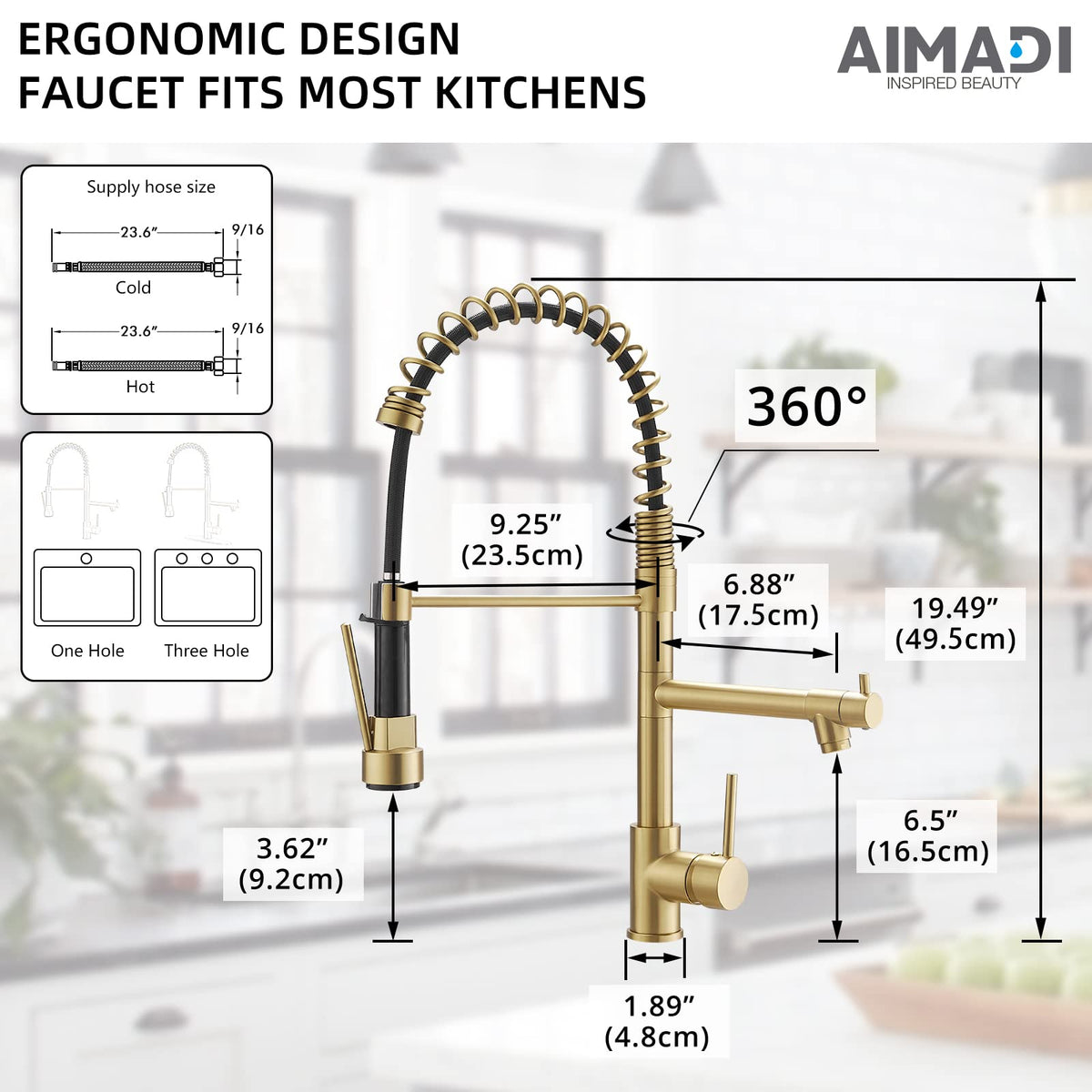 AIMADI brushed gold faucet includes hardware and gaskets for DIY install