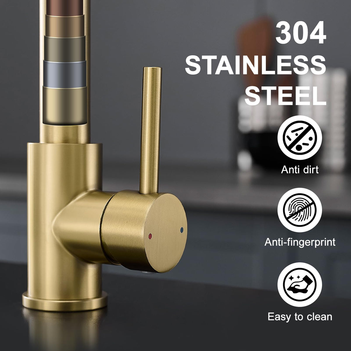 AIMADI brushed gold kitchen faucet installed in a single-hole setup for a clean look