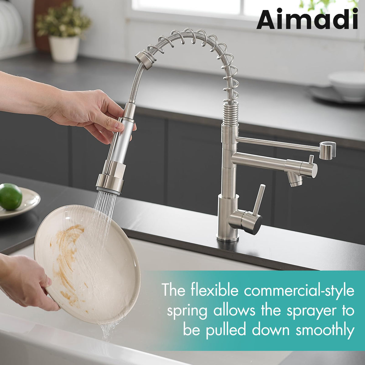 AIMADI brushed nickel finish kitchen faucet for a sleek, durable kitchen look