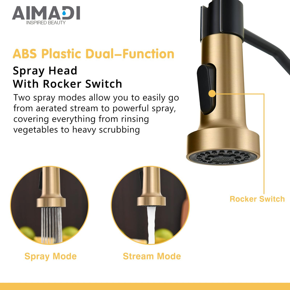 AIMADI matte black finish with gold accents enhances kitchen aesthetics and durability.
