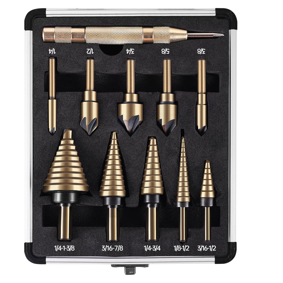 AIMLENTOOL step drill set inside aluminum case for quick hole sizing