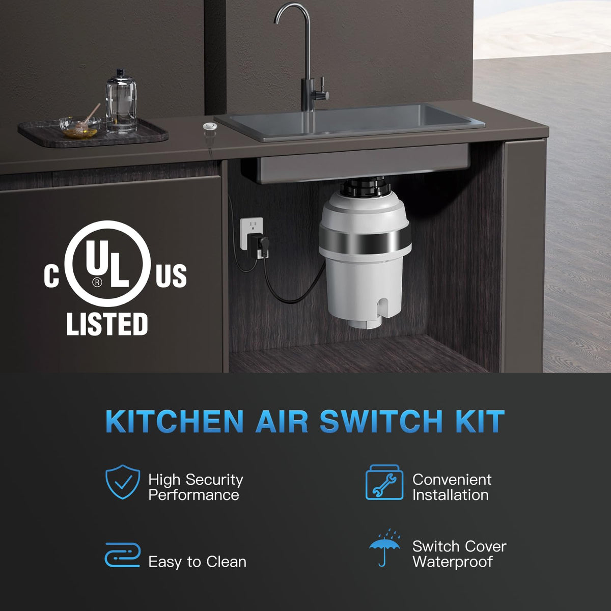AINIAILU air switch kit installed on kitchen sink for convenient disposal control.