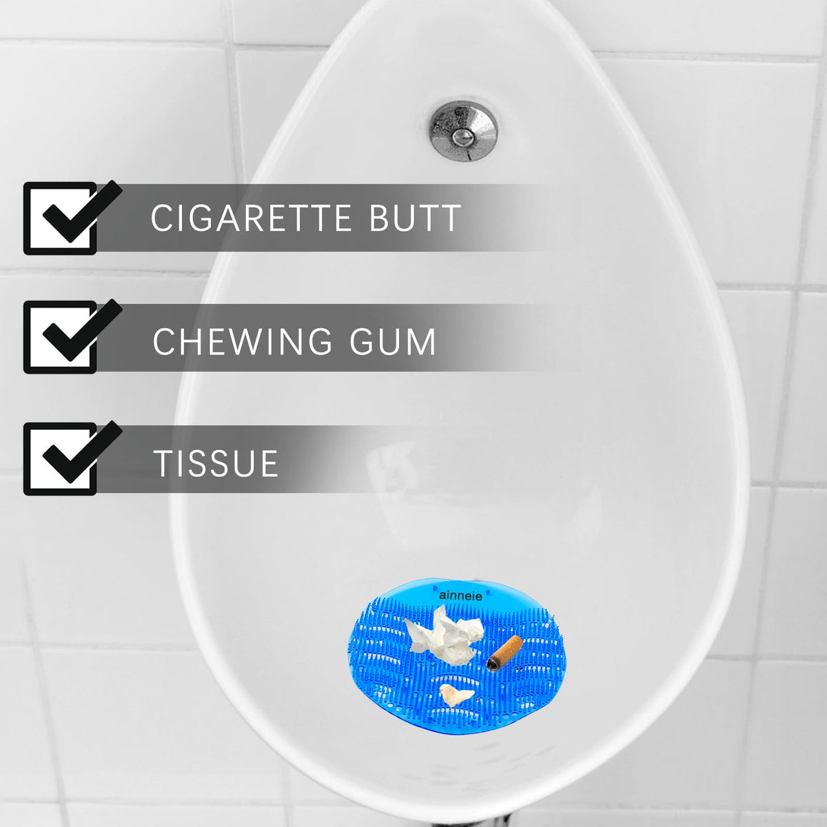 Ainneie urinal screens orange pack ready in a public restroom.