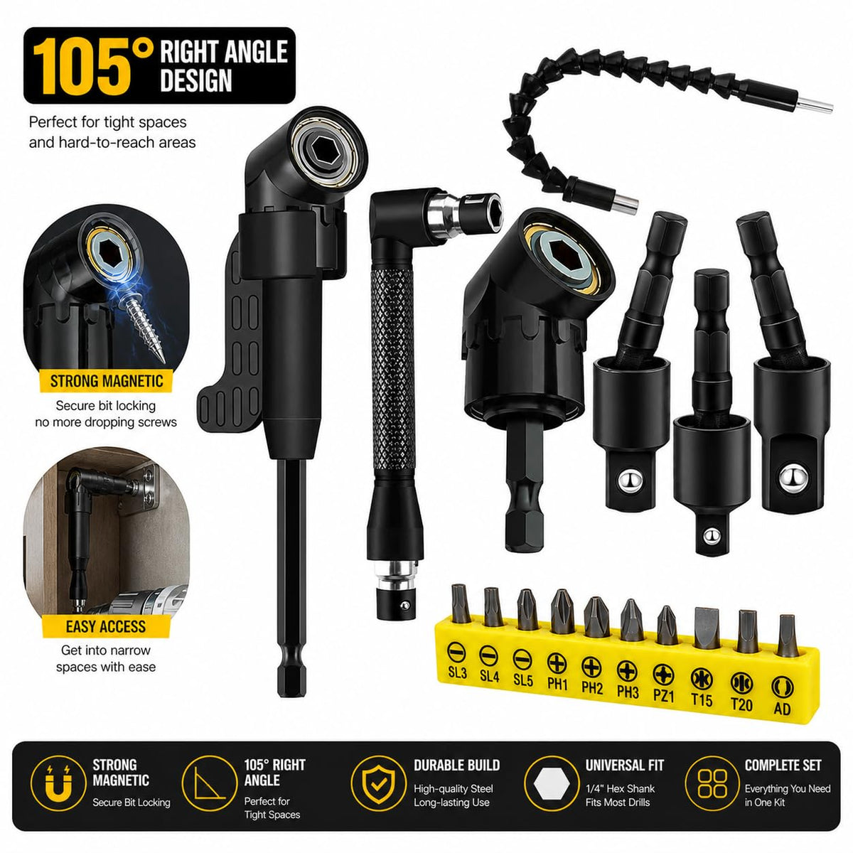 AionneWie 105-degree right-angle drill adapter long version for narrow spaces