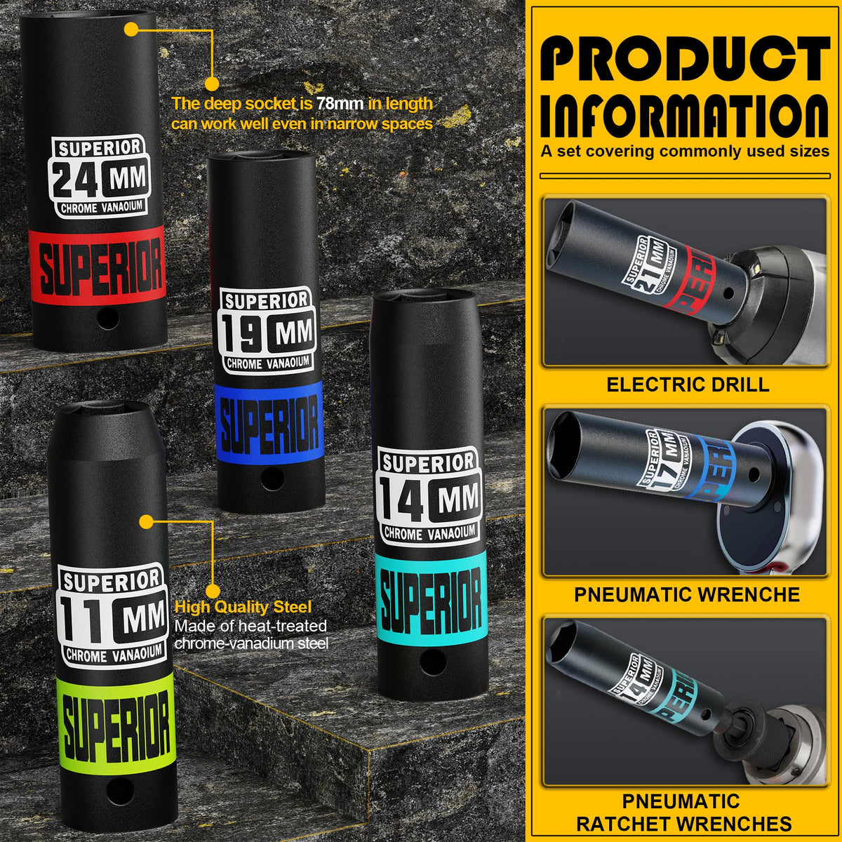 Aiourx 6-point deep sockets maximize contact with fasteners to prevent slipping.