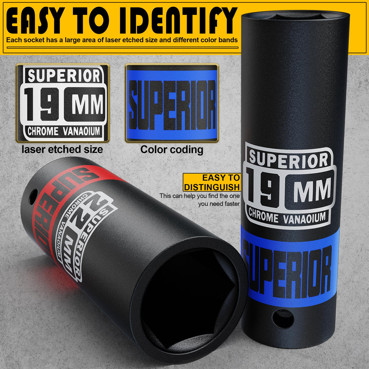 Aiourx color-coded size markings help identify the right socket quickly.