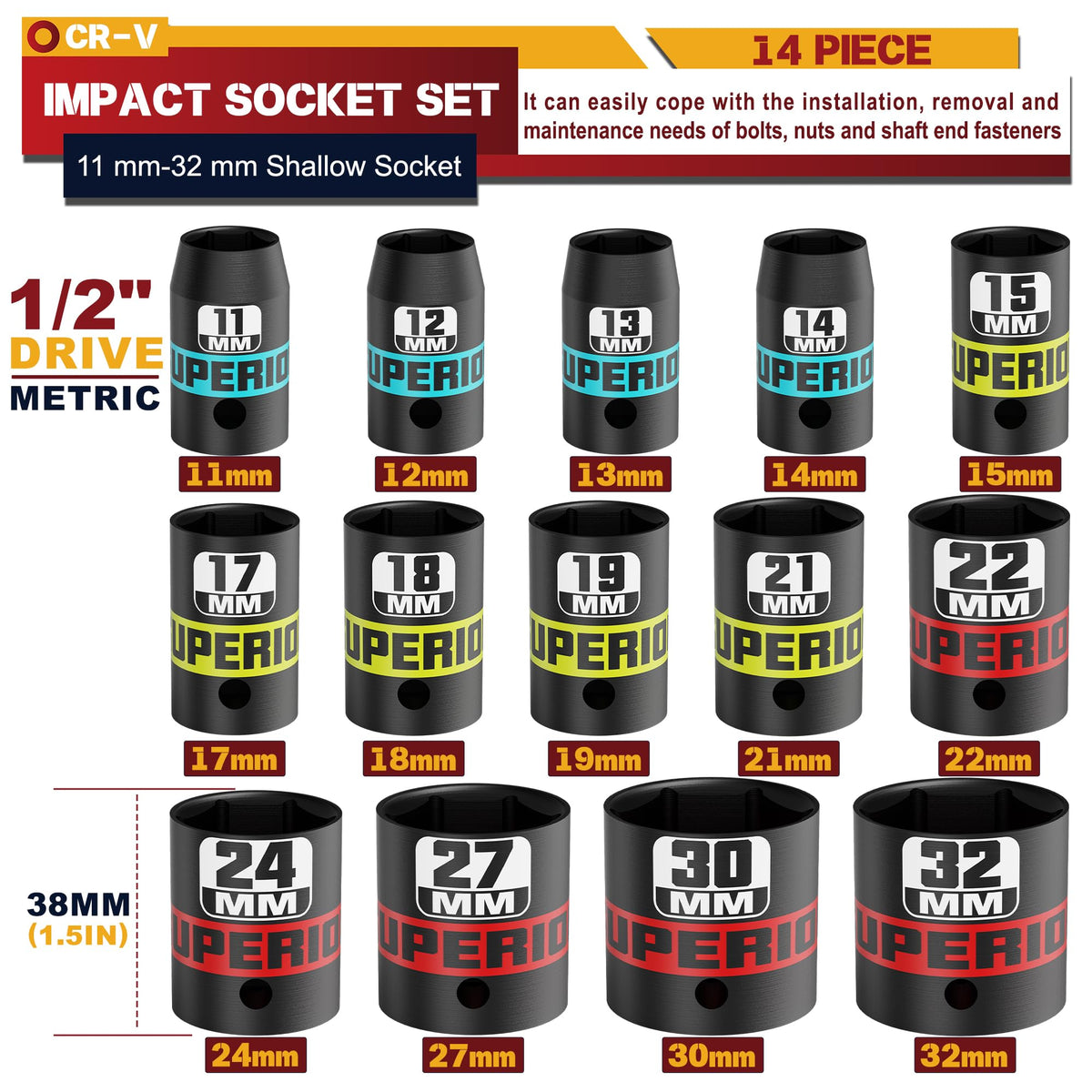 Aiourx shallow sockets with high-contrast size markings for quick size identification.