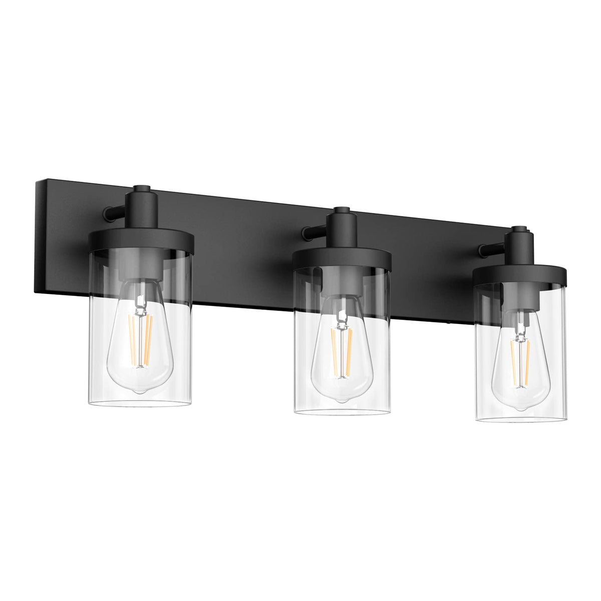 Aipsun black vanity light with three clear glass shades above the mirror for bright bathroom lighting.