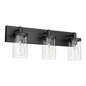 Aipsun black vanity light with three clear glass shades above the mirror for bright bathroom lighting.