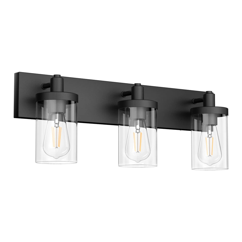 Aipsun black vanity light with three clear glass shades above the mirror for bright bathroom lighting.