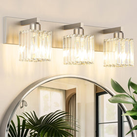 Aipsun 3-light crystal vanity light in brushed nickel for elegant bathroom illumination.