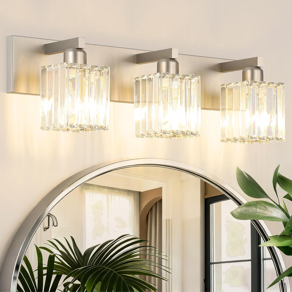 Aipsun 3-light crystal vanity light in brushed nickel for elegant bathroom illumination.