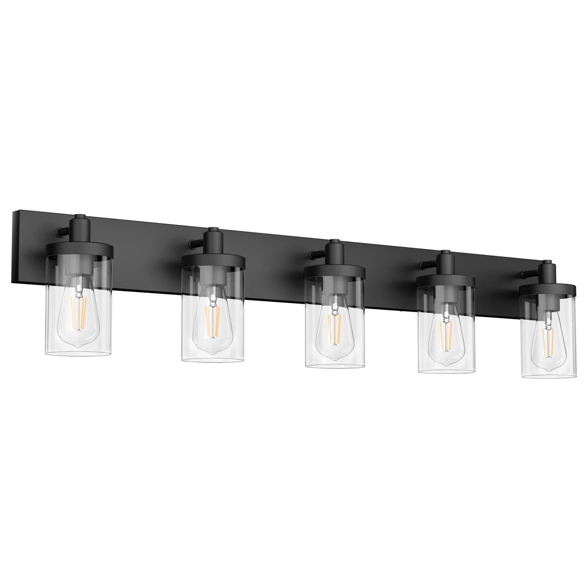 Aipsun matte black vanity light with clear glass shade over a mirror for bright task lighting