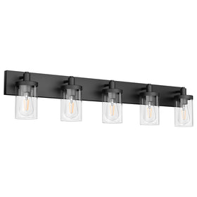 Aipsun matte black vanity light with clear glass shade over a mirror for bright task lighting
