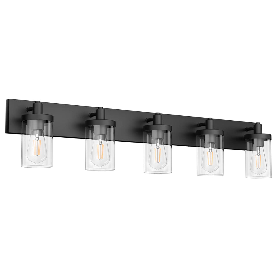 Aipsun matte black vanity light with clear glass shade over a mirror for bright task lighting