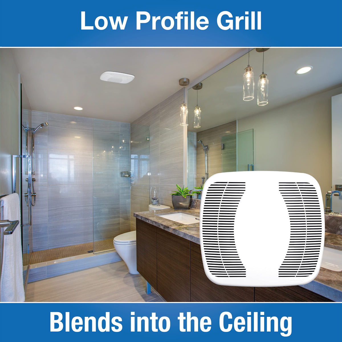 Air King BFQ90 high-impact plastic housing resists rust and wear.