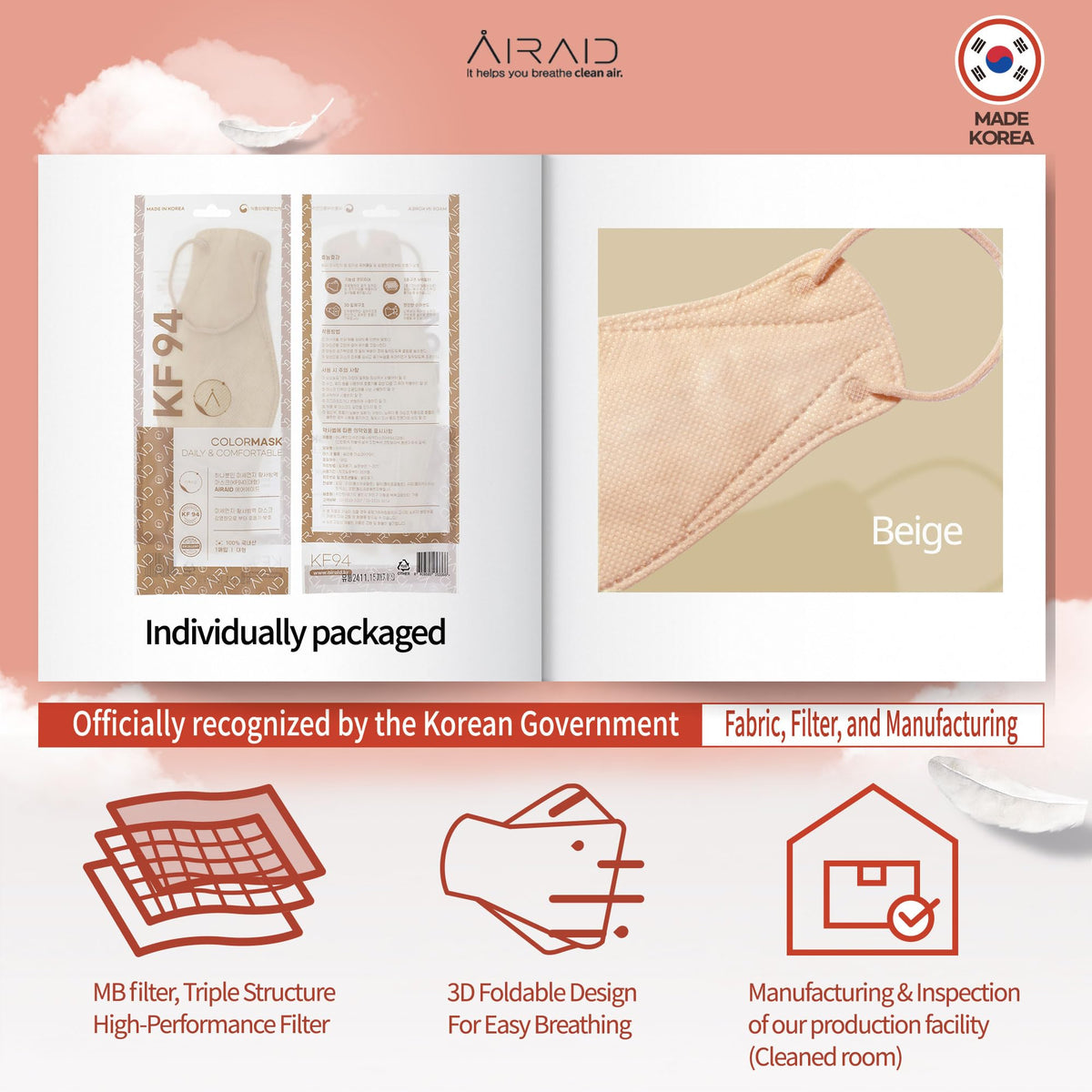 AIRAID KF94 outer layer moisture-wicking feature for dryness