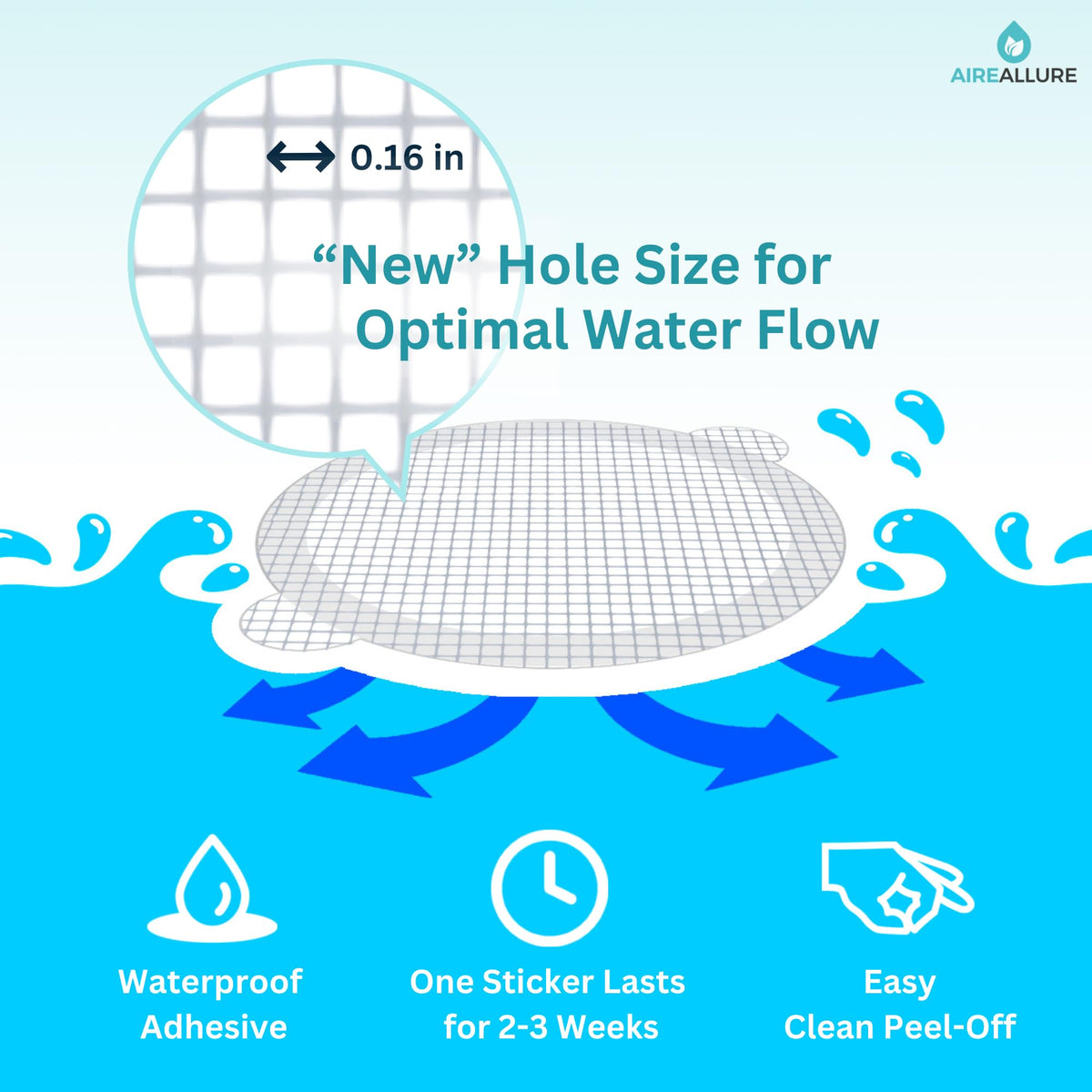 Aire Allure shower drain protection helps prevent clogs in bathrooms.