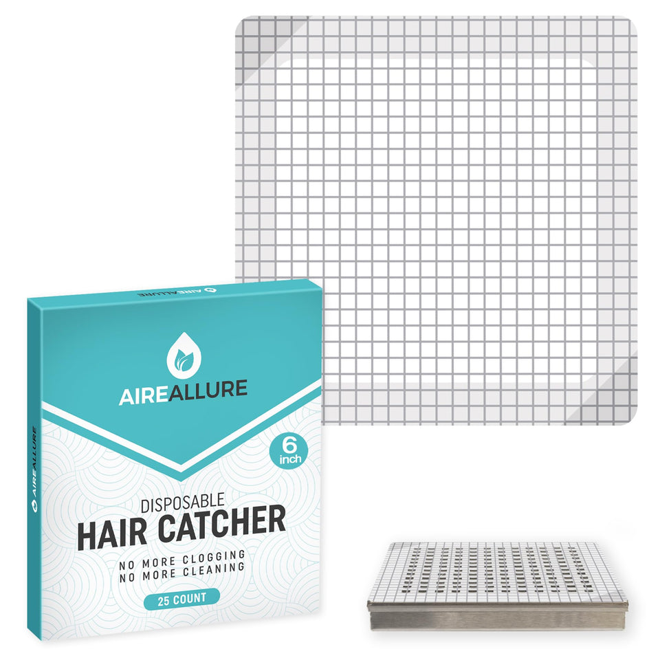 Aire Allure 6-inch square hair catcher covers the drain to prevent clogs during showers.