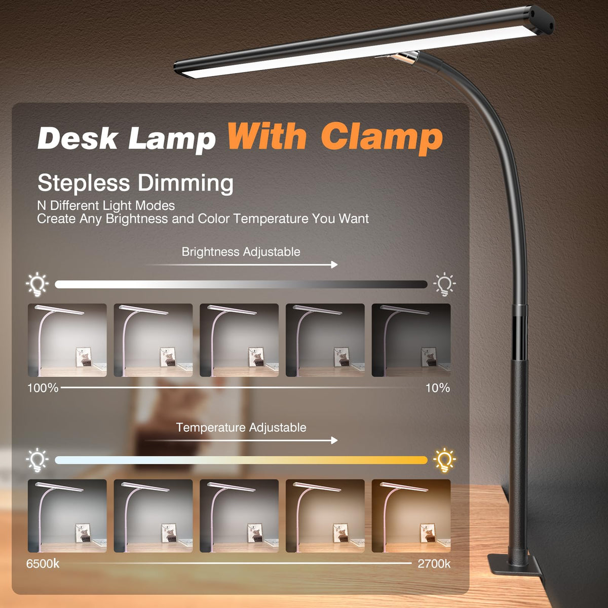 Airlonv desk lamp stepless dimming for precise brightness control.