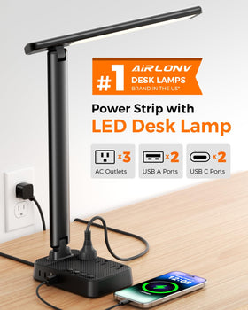 Airlonv desk power strip shows three outlets and USB ports for charging