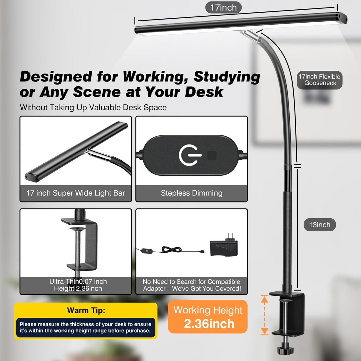 Airlonv desk lamp with 360-degree gooseneck for flexible lighting.
