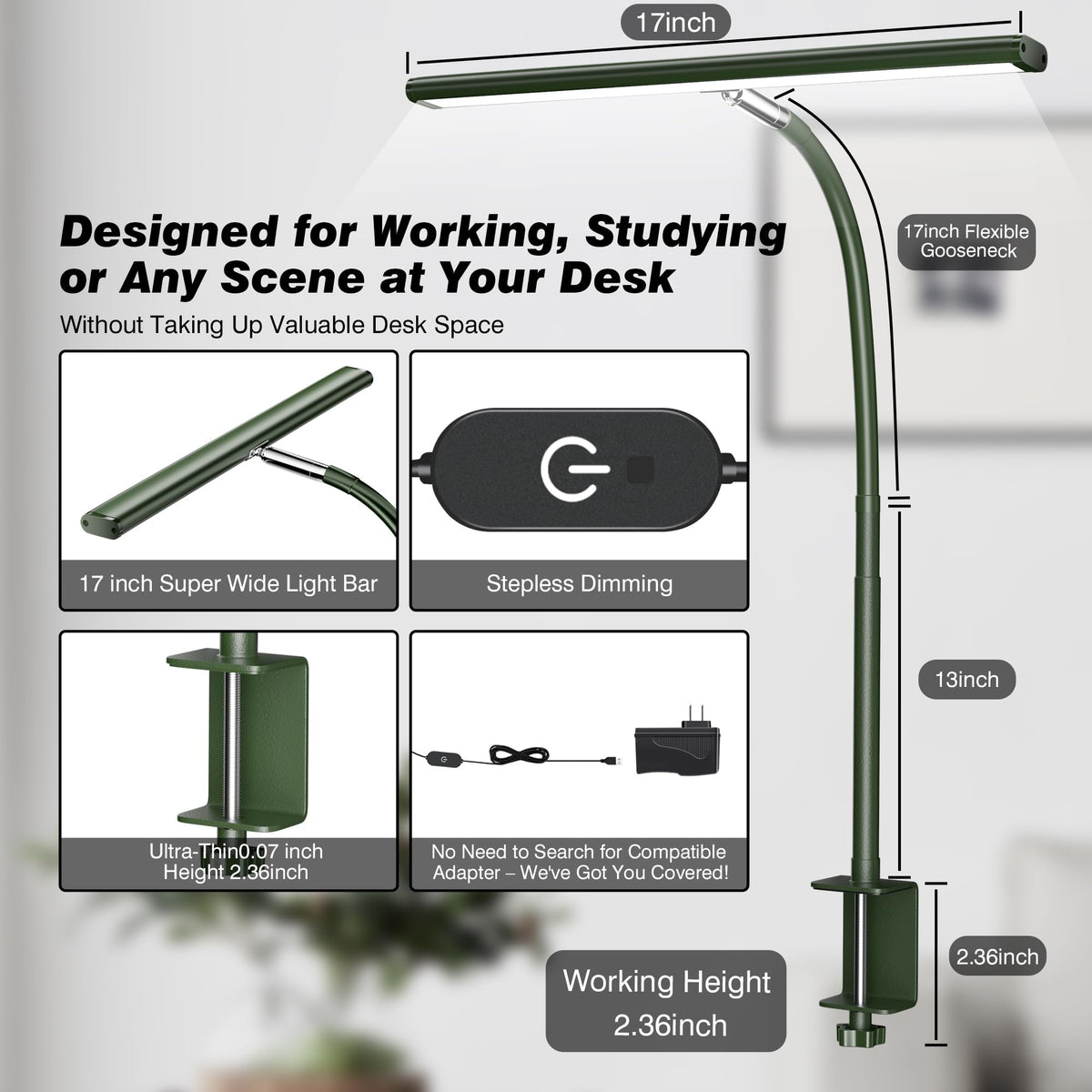 Airlonv lamp provides stepless dimming from warm to cool for task lighting.
