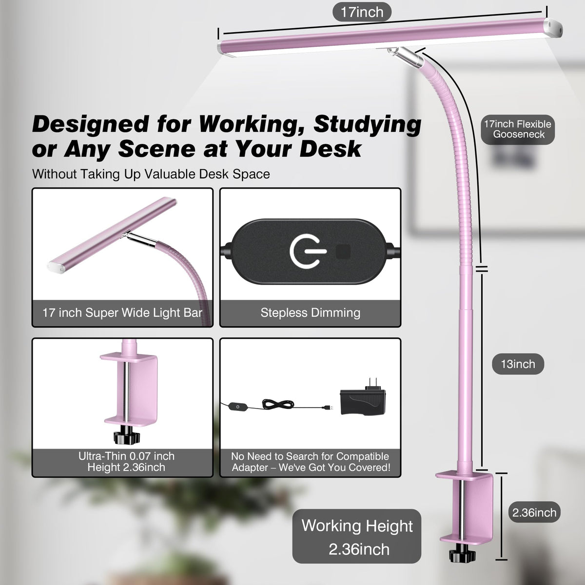 Airlonv pink illuminated 17-inch bar covers workspace evenly