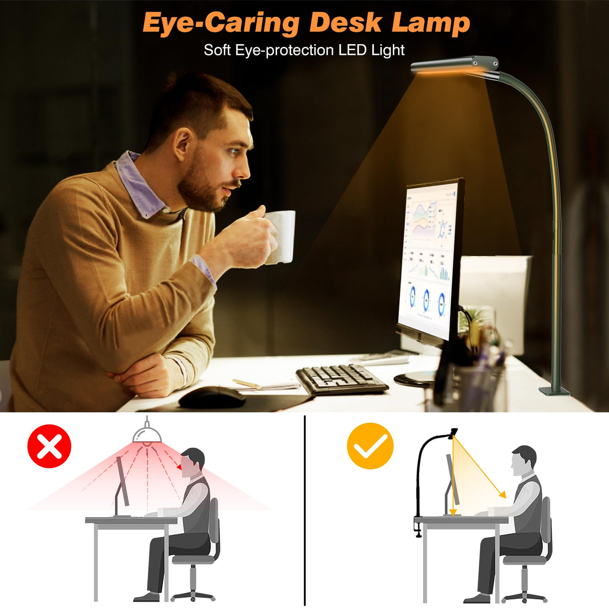 Airlonv lamp with built-in wire management keeps desk tidy.