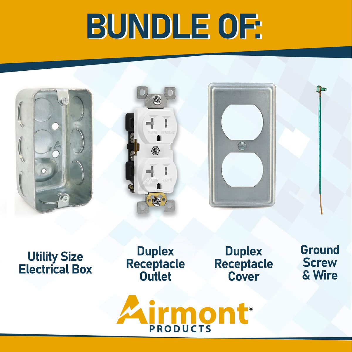Airmont Products duplex receptacle cover shown with tamper-resistant outlet for safety.