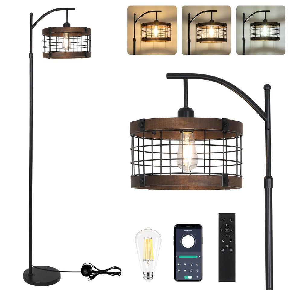 Airposta Arc Floor Lamp with remote-control for cozy living room lighting.